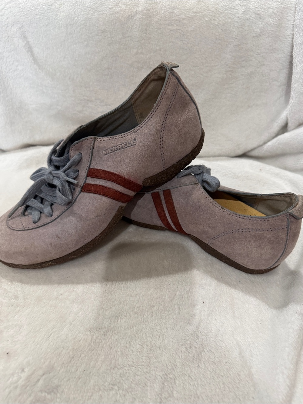 Merrell Suede Lace-Up Sneakers in Mauve with Red Stripes